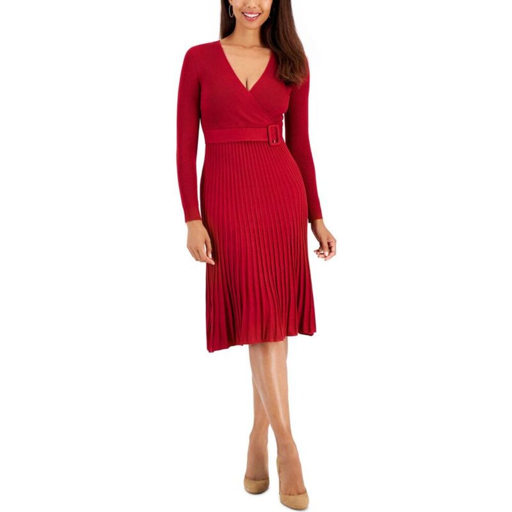 Robbie Bee Womens Petite Belted Wrap Sweater Midi Dress, NWT